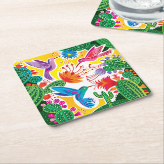Hummingbirds and Blooming Cacti Square Paper Coaster