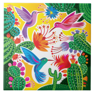 Hummingbirds and Blooming Cacti Tile