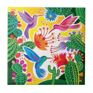 Hummingbirds and Blooming Cacti Tile