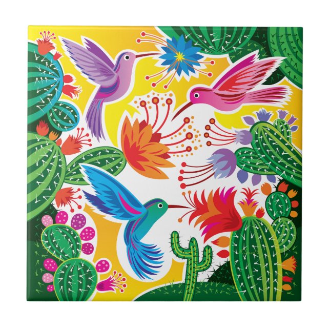 Hummingbirds and Blooming Cacti Tile (Front)
