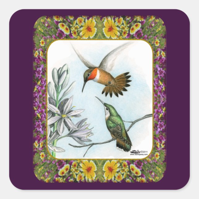 Hummingbirds and Flowers #2 Square Sticker (Front)