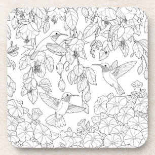 Hummingbirds and Flowers Adult Colouring Page Coaster