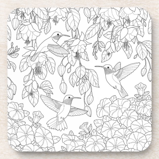 Hummingbirds and Flowers Adult Colouring Page Coaster (Front)