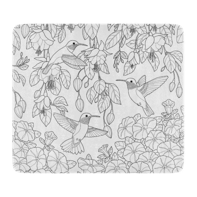 Hummingbirds and Flowers Adult Colouring Page Cutting Board (Front)