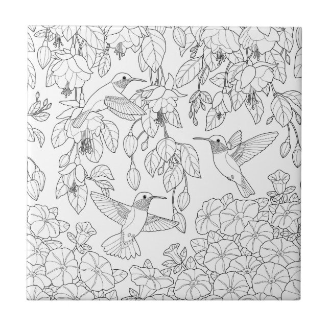 Hummingbirds and Flowers Adult Colouring Page Tile (Front)