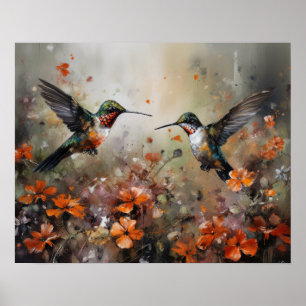 Hummingbirds And Flowers Bird Art Print Poster
