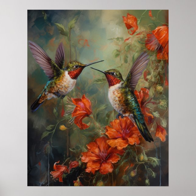 Hummingbirds And Flowers Bird Art Print Poster (Front)