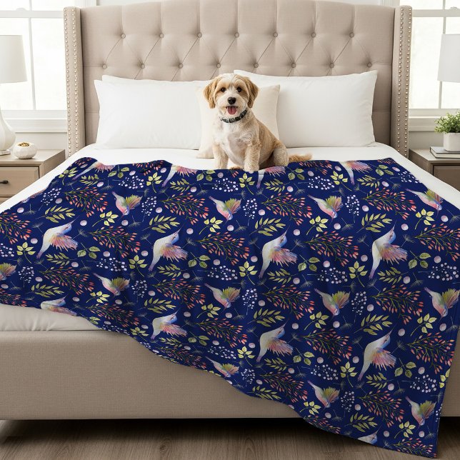 Hummingbirds and Flowers Pattern Custom Background Fleece Blanket (Creator Uploaded)