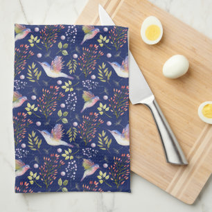 Hummingbirds and Flowers Pattern Custom Background Tea Towel