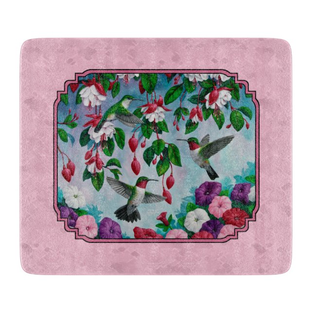 Hummingbirds and Flowers Pink Cutting Board (Front)