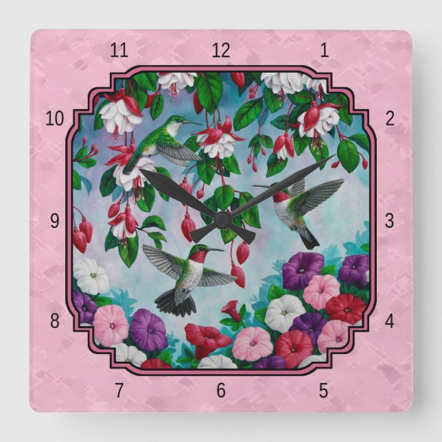 Hummingbirds and Flowers Pink Square Wall Clock (Front)
