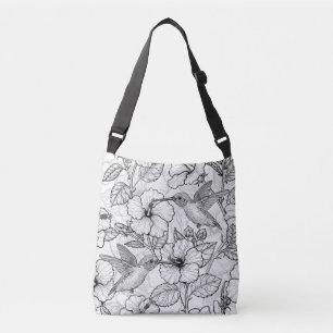 Hummingbirds and hibiscus flowers b&w crossbody bag