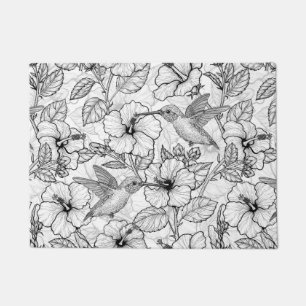 Hummingbirds and hibiscus flowers b&w doormat