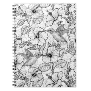 Hummingbirds and hibiscus flowers b&w notebook
