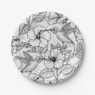 Hummingbirds and hibiscus flowers b&w paper plate
