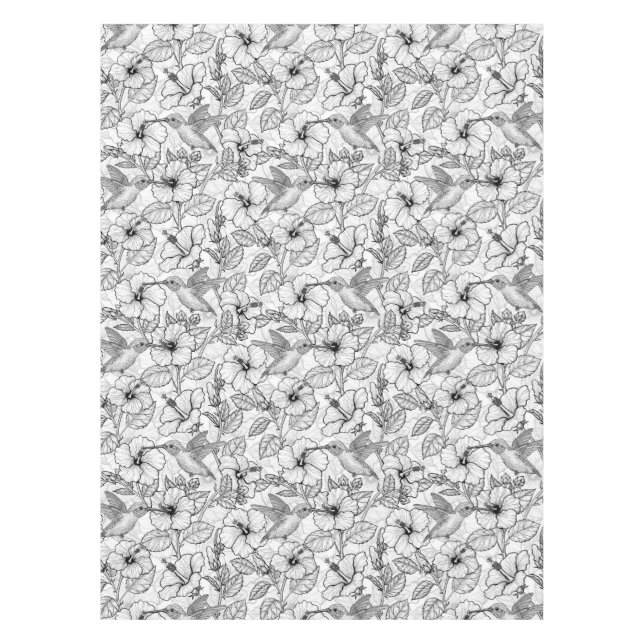 Hummingbirds and hibiscus flowers b&w tablecloth (Front)
