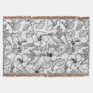 Hummingbirds and hibiscus flowers b&w throw blanket