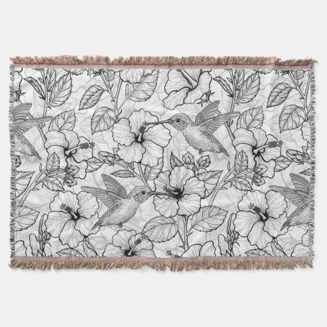 Hummingbirds and hibiscus flowers b&w throw blanket (Front)