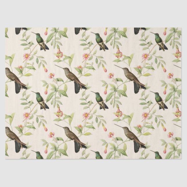 Hummingbirds and Leaves on Ivory Decoupage Tissue Paper (Front)
