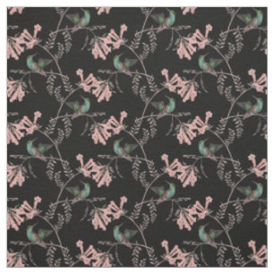 Hummingbirds and Pink Flowers on Black Fabric