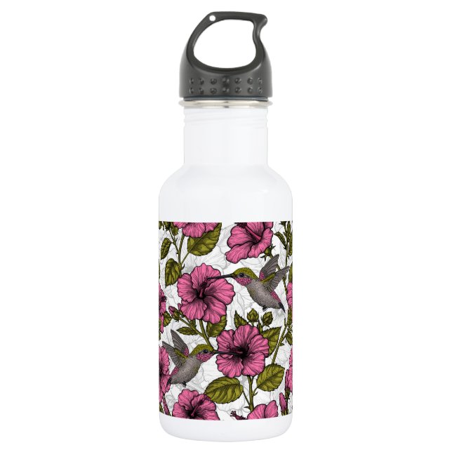 Hummingbirds and pink hibiscus flowers 532 ml water bottle (Front)