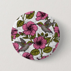 Hummingbirds and pink hibiscus flowers 6 cm round badge