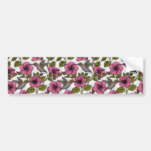 Hummingbirds and pink hibiscus flowers bumper sticker