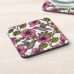 Hummingbirds and pink hibiscus flowers coaster