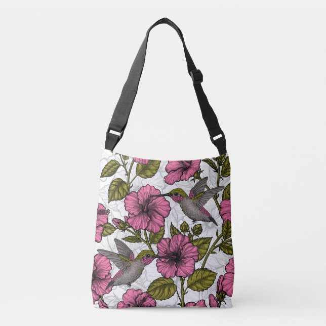 Hummingbirds and pink hibiscus flowers crossbody bag (Front)