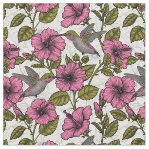 Hummingbirds and pink hibiscus flowers fabric