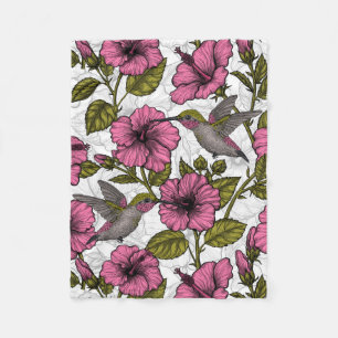 Hummingbirds and pink hibiscus flowers fleece blanket