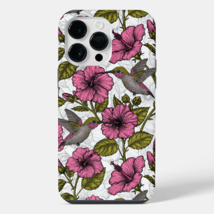 Hummingbirds and pink hibiscus flowers iPhone 14 pro max case