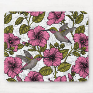 Hummingbirds and pink hibiscus flowers mouse pad