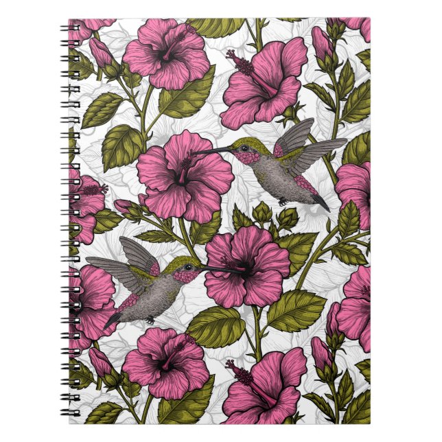 Hummingbirds and pink hibiscus flowers notebook (Front)