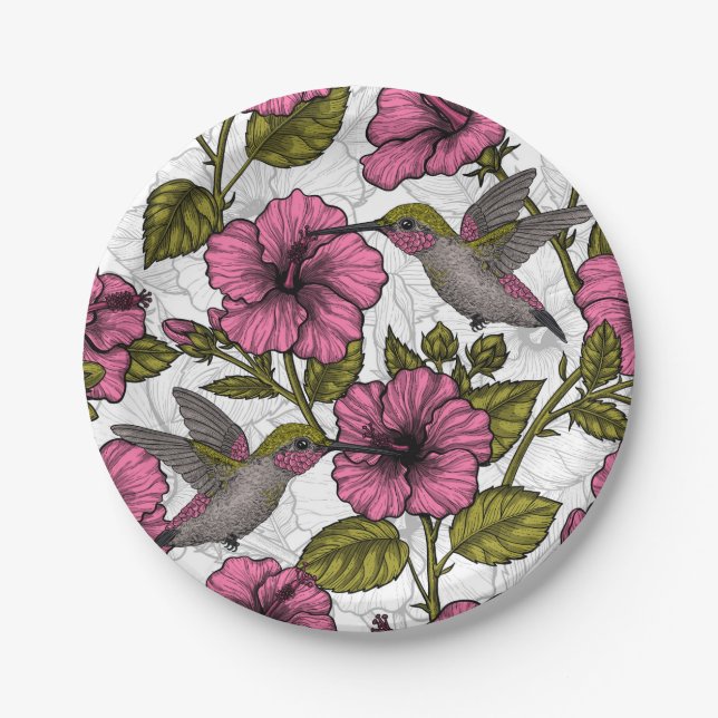 Hummingbirds and pink hibiscus flowers paper plate (Front)