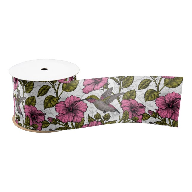 Hummingbirds and pink hibiscus flowers satin ribbon (Spool)