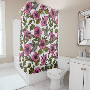 Hummingbirds and pink hibiscus flowers shower curtain