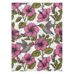 Hummingbirds and pink hibiscus flowers tablecloth