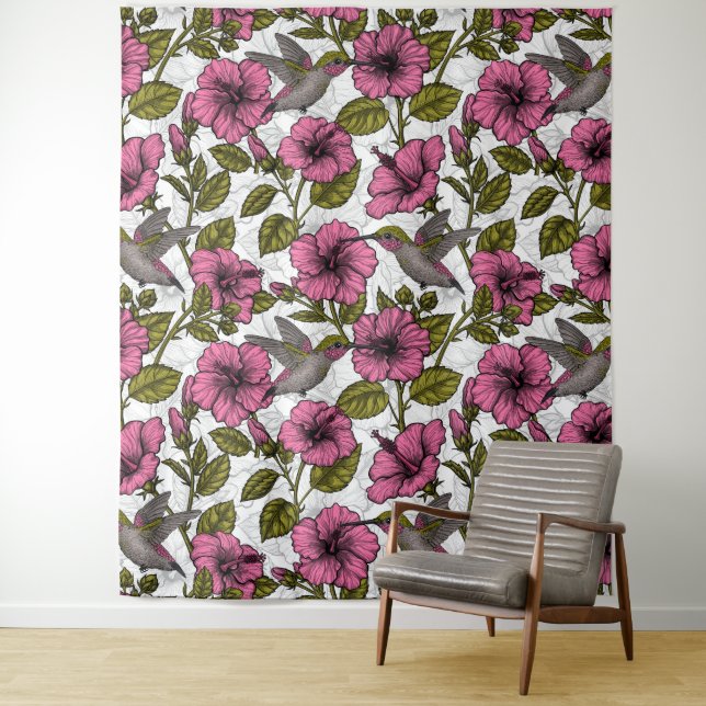 Hummingbirds and pink hibiscus flowers tapestry (In Situ)