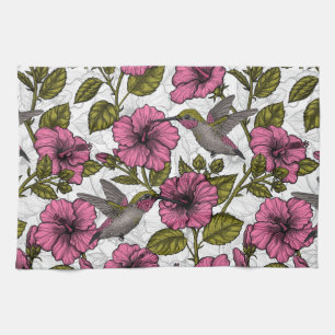 Hummingbirds and pink hibiscus flowers tea towel