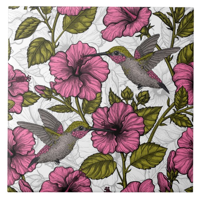 Hummingbirds and pink hibiscus flowers tile (Front)