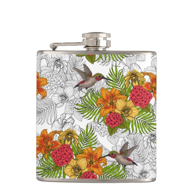 Hummingbirds and tropical bouquet hip flask (Front)