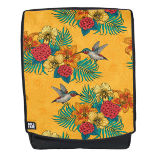 Hummingbirds and tropical bouquet in yellow backpack