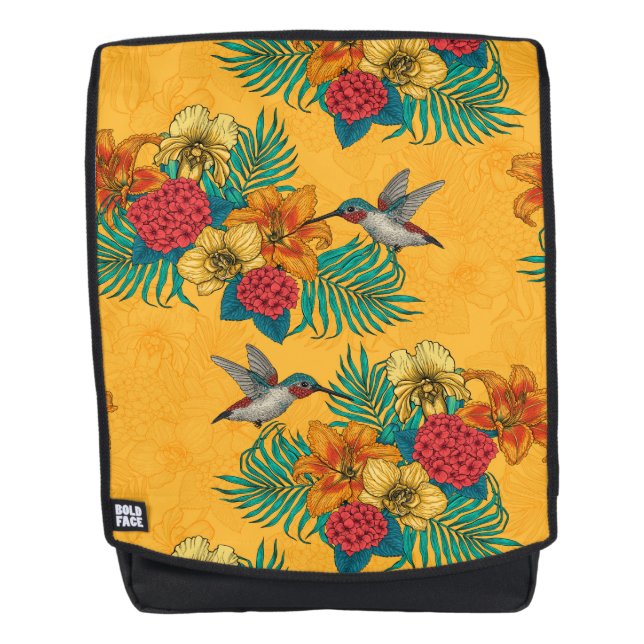 Hummingbirds and tropical bouquet in yellow backpack (Front)