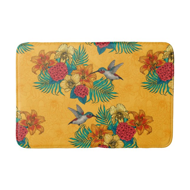 Hummingbirds and tropical bouquet in yellow bath mat (Front)