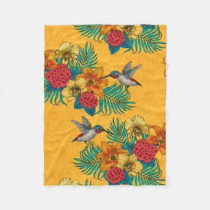 Hummingbirds and tropical bouquet in yellow fleece blanket