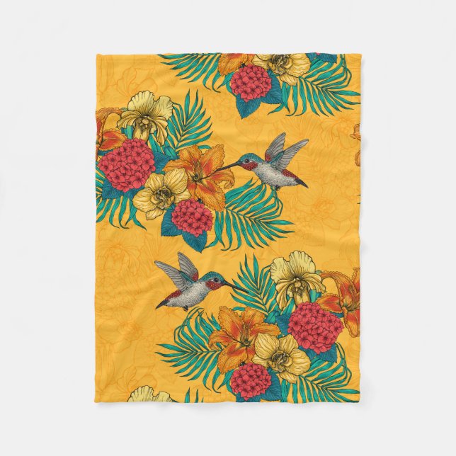 Hummingbirds and tropical bouquet in yellow fleece blanket (Front)