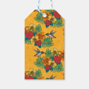 Hummingbirds and tropical bouquet in yellow gift tags
