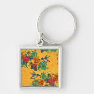 Hummingbirds and tropical bouquet in yellow key ring