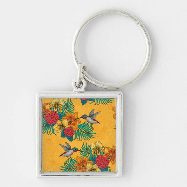 Hummingbirds and tropical bouquet in yellow key ring (Front)